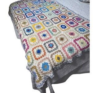 Vintage Crochet Granny Square Blanket Throw 64x45 Cottagecore Boho